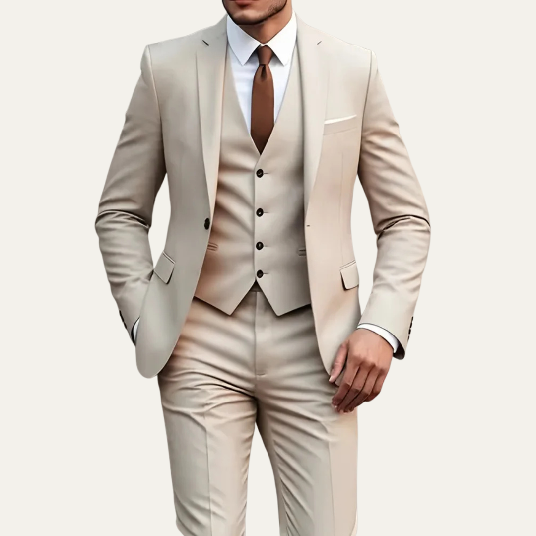 The Highgate Men’s Beige 3 Piece Slim Fit Formal Suit – Blazer, Vest & Pants