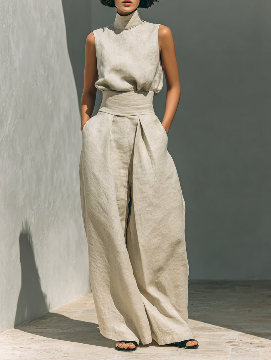 Women's Chic Sleeveless Blouse and Wide Leg Trousers Set