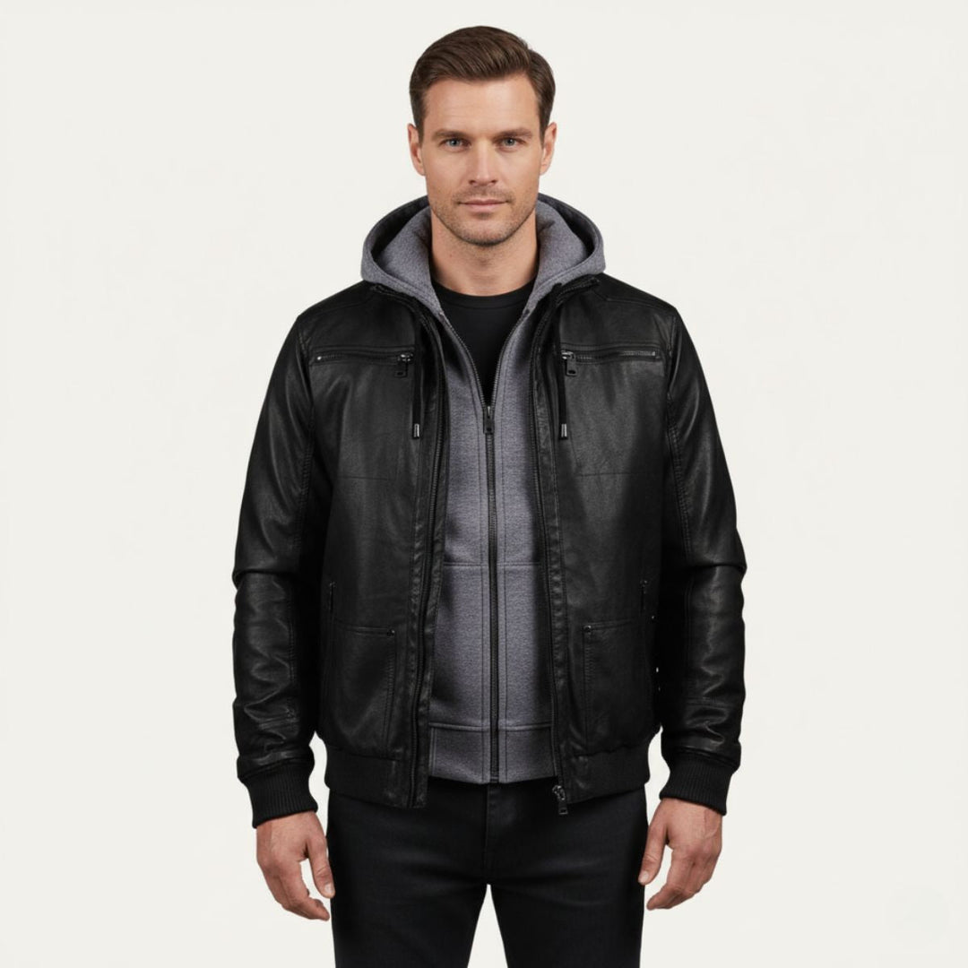 Men's Leather Jacket Black Hooded Bomber