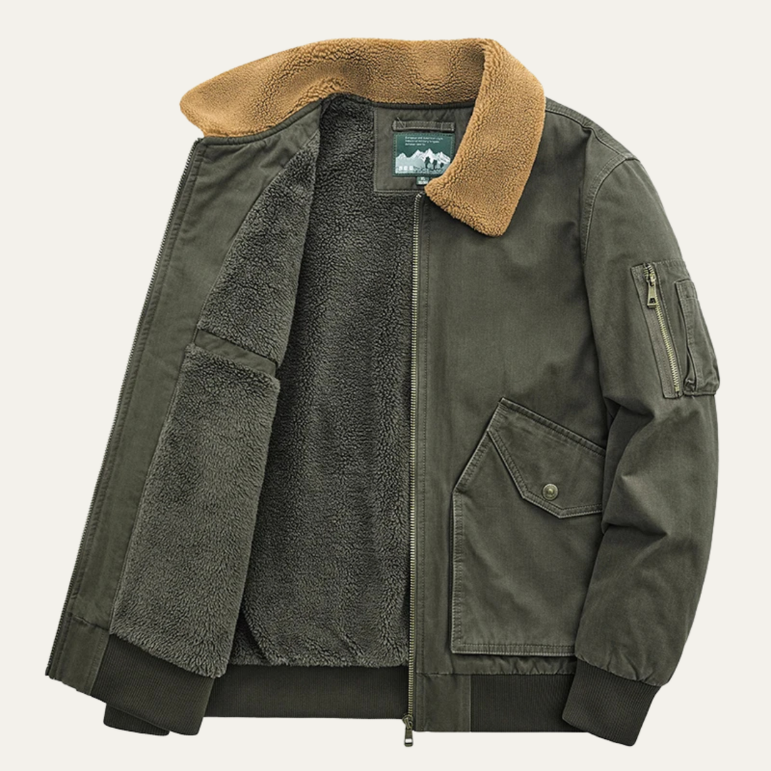 Men's Sherpa Lined Bomber Jacket Black Tan Collar