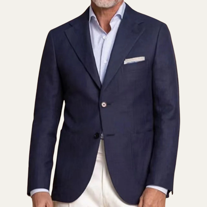The Harwood Men’s 2 Piece Suit – Single Breasted Slim Fit Navy Blue Blazer with White Pants