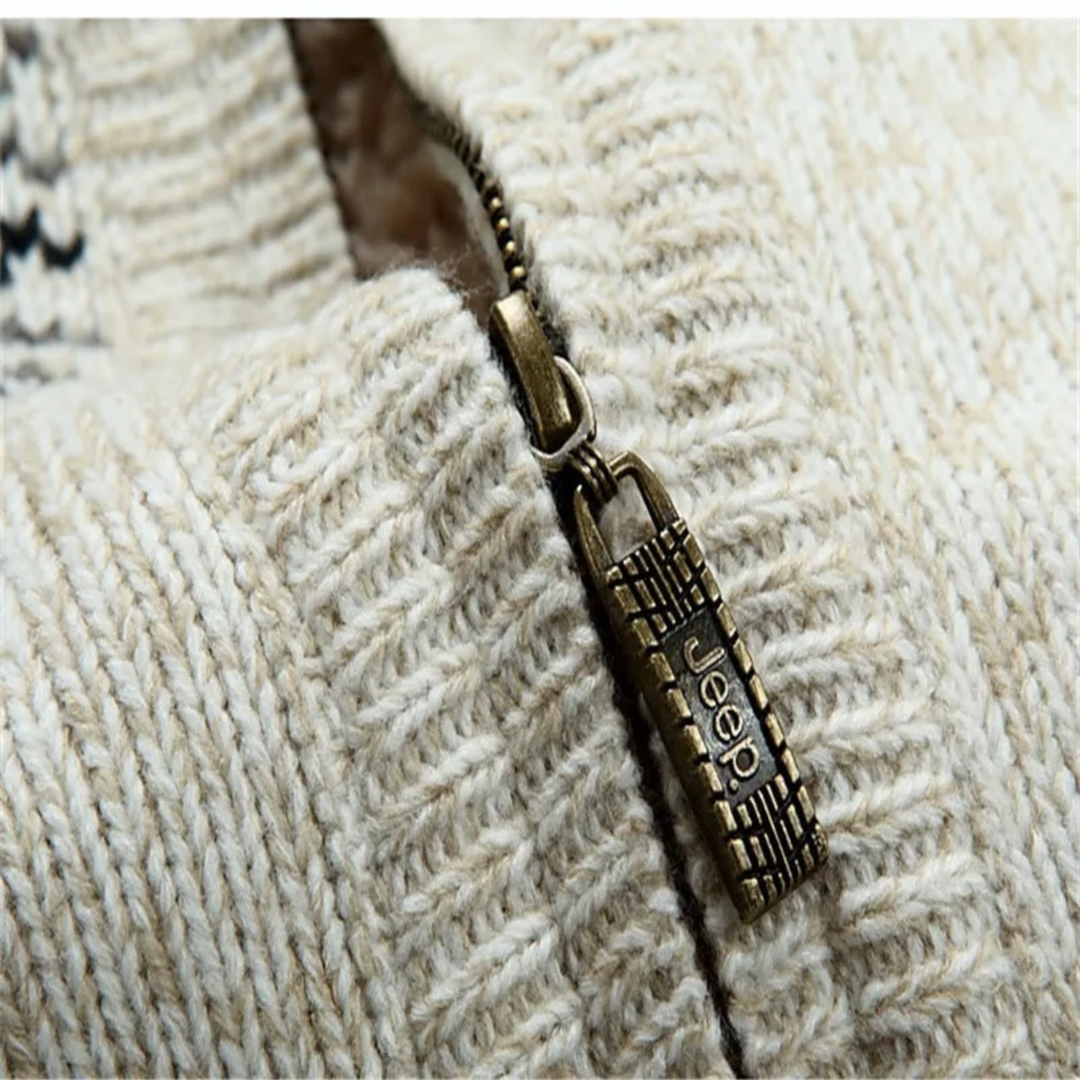 Men's Sherpa Lined Cardigan Cream Nordic Pattern Zip Up