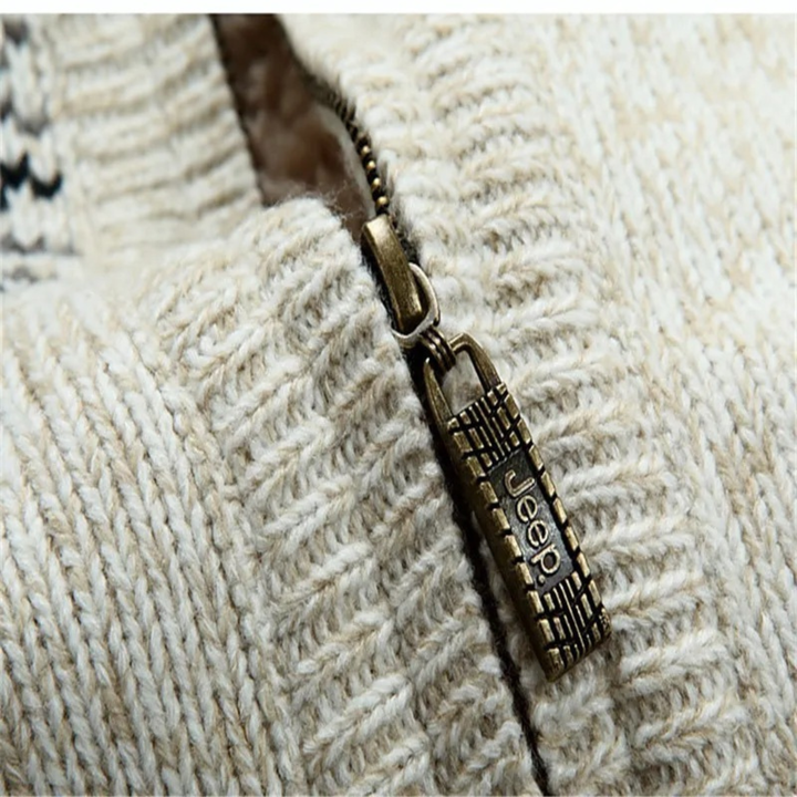 Men's Sherpa Lined Cardigan Cream Nordic Pattern Zip Up