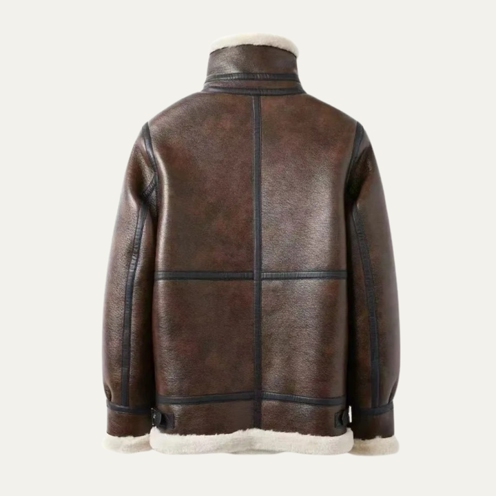 Men's Sherpa Lined Leather Jacket Black Cream Collar