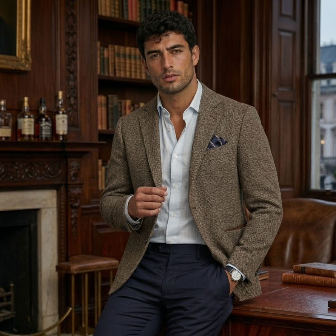 The Glencrest Men’s Single Breasted Herringbone Wool Tweed Blazer