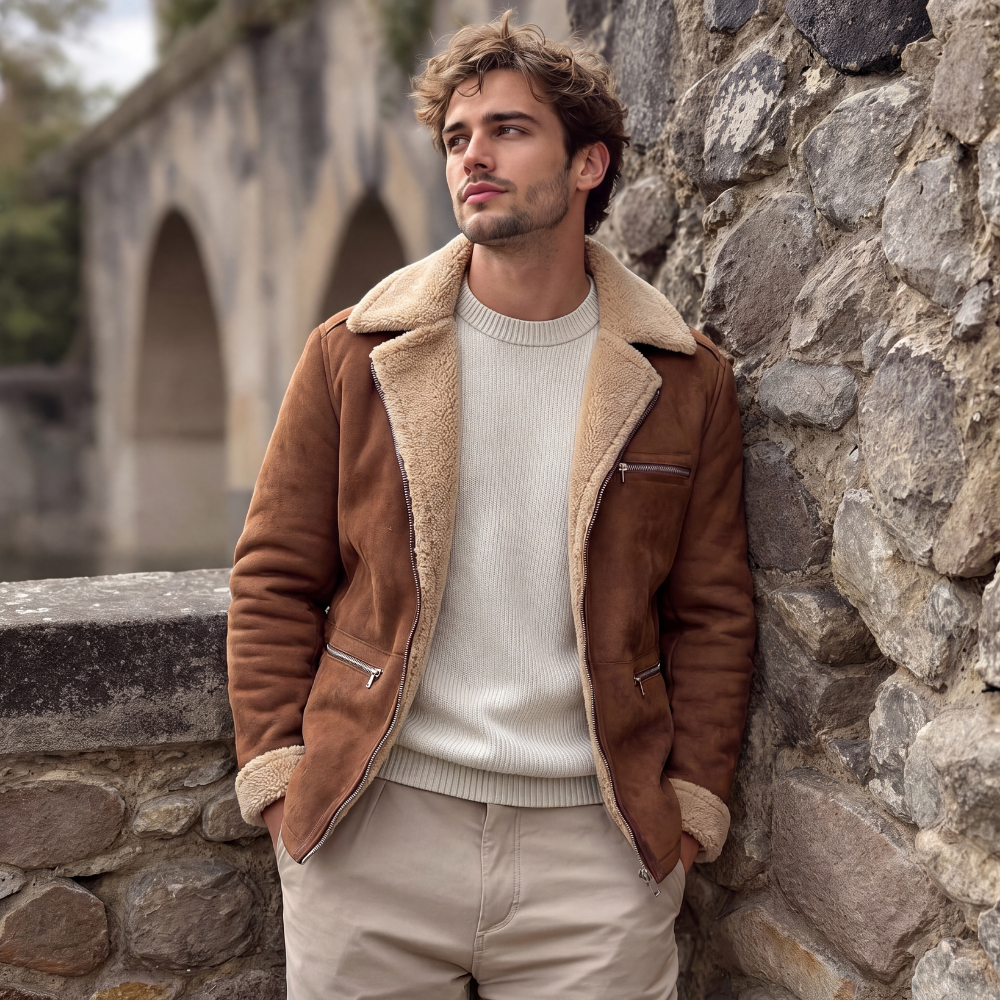 Men's Sherpa Lined Suede Jacket Brown