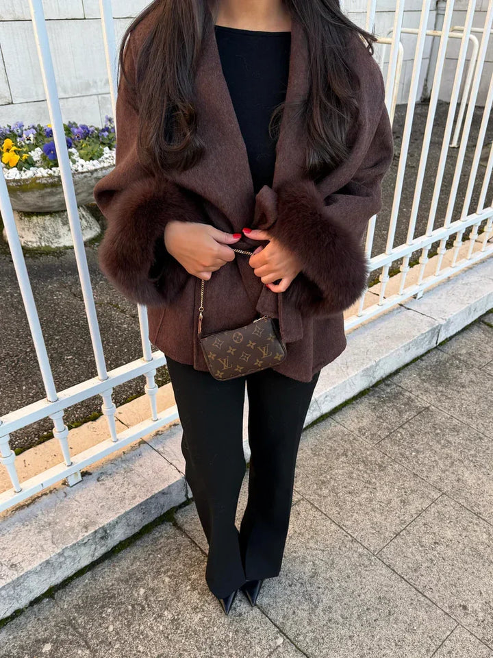 Women's Fur Cuff Wrap Coat – Elegant Belted Poncho Winter Jacket