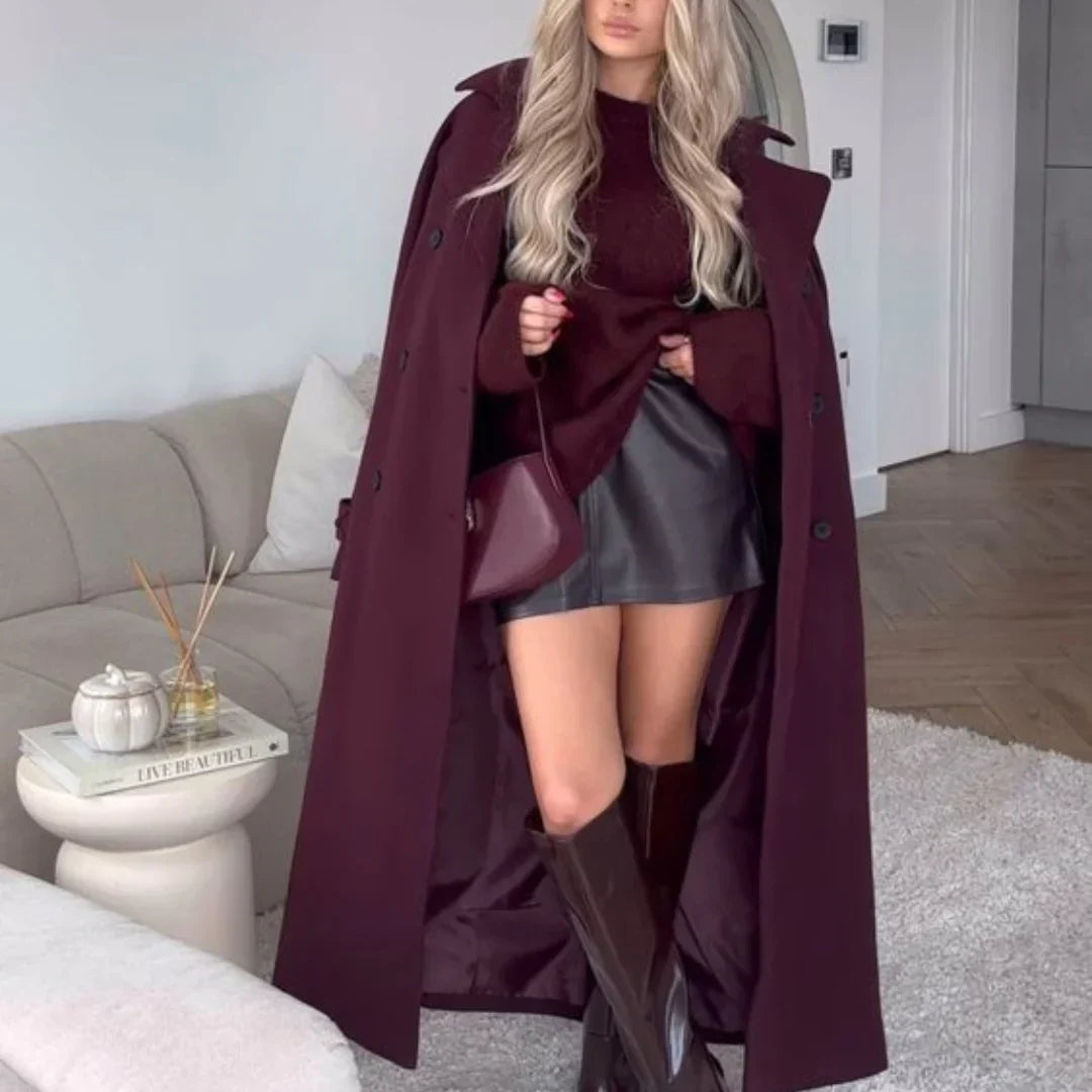 Women's Burgundy Long Wool Blend Trench Coat – Belted Double Breasted Winter Overcoat