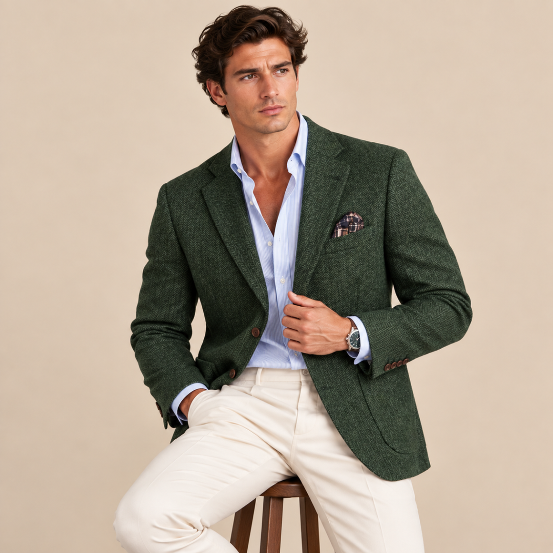 The Gravedona Men’s Office Herringbone Single Breasted Wool Tweed Blazer Jacket
