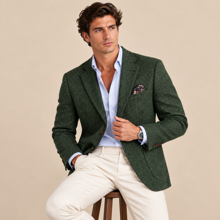 The Gravedona Men’s Office Herringbone Single Breasted Wool Tweed Blazer Jacket