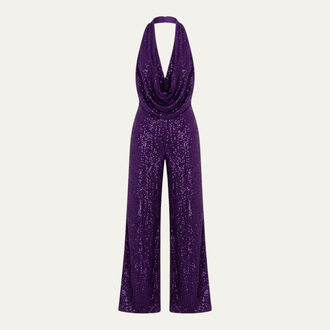 Women's Elegant Sequin Cowl Neck Wide Leg Jumpsuit