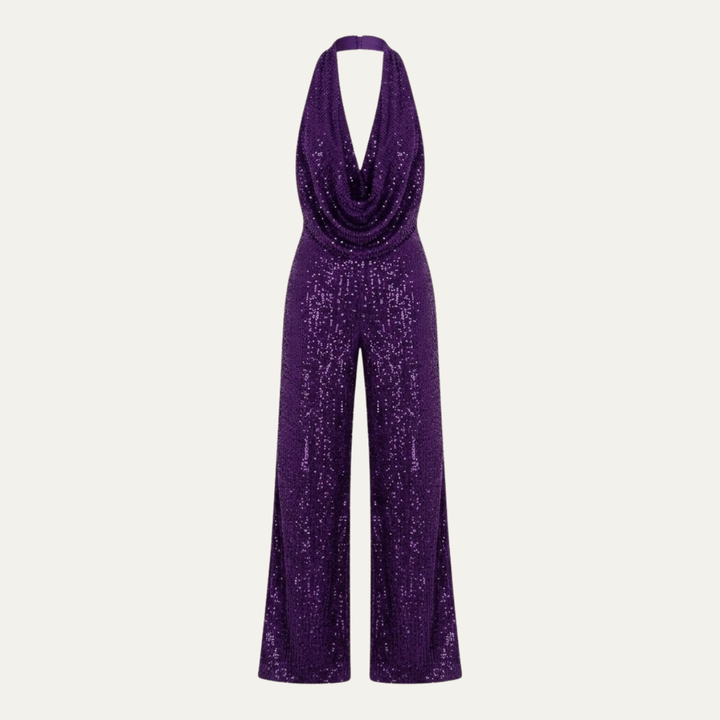 Women's Elegant Sequin Cowl Neck Wide Leg Jumpsuit