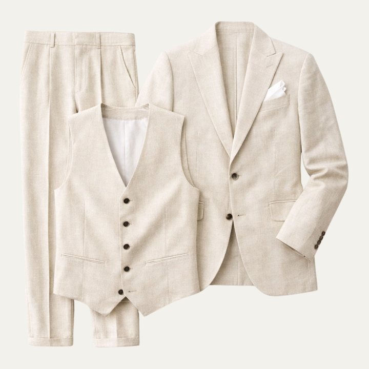 The Briarhaven Men's 3 Piece Beige Linen Wedding Suit – Blazer, Vest & Trousers