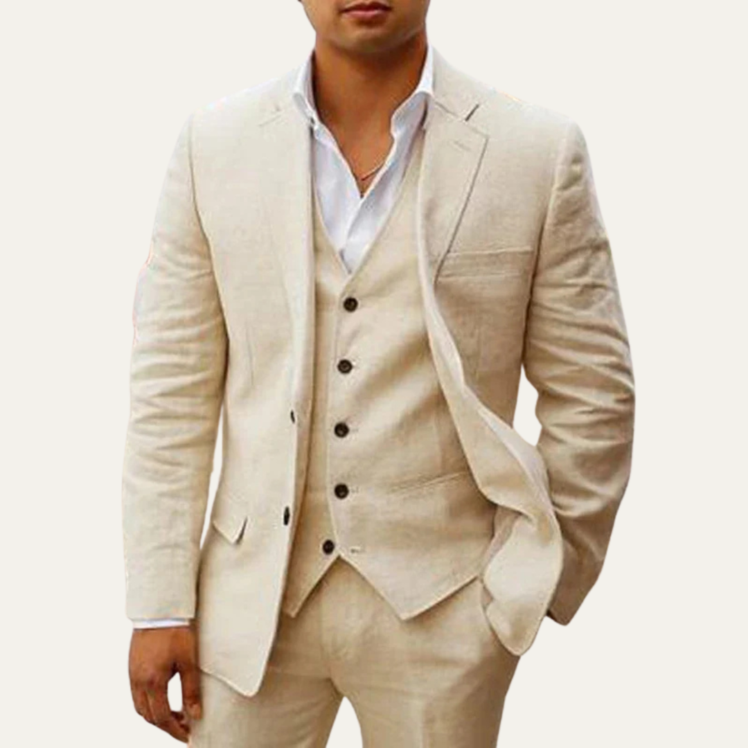 The Briarhaven Men's 3 Piece Beige Linen Wedding Suit – Blazer, Vest & Trousers