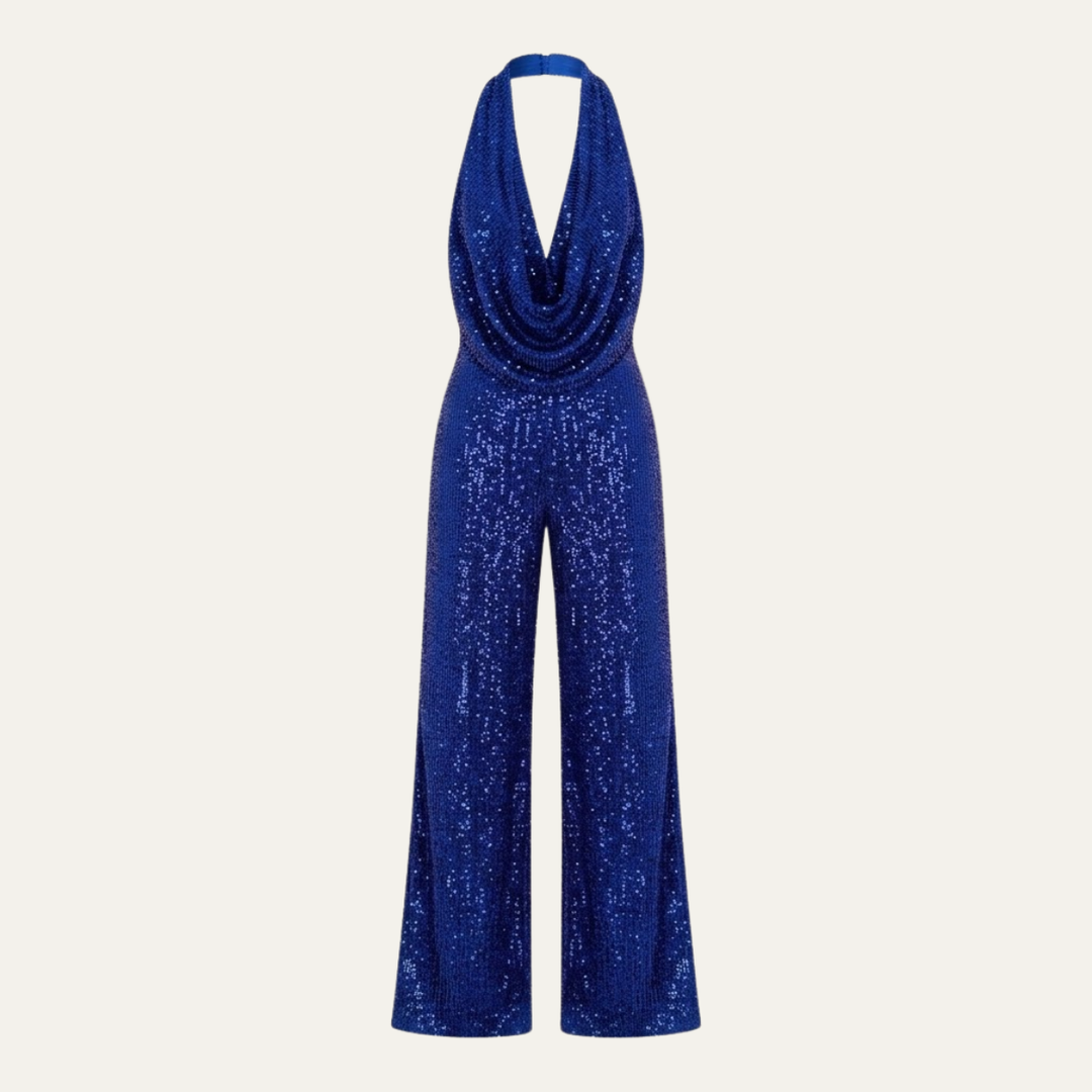 Women's Elegant Sequin Cowl Neck Wide Leg Jumpsuit