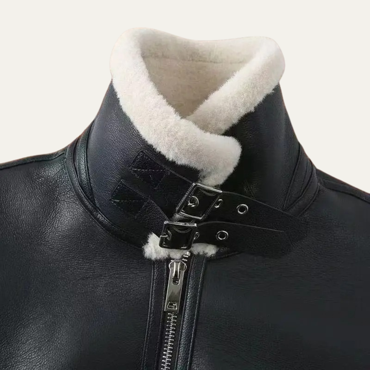 Men's Sherpa Lined Leather Jacket Black Cream Collar