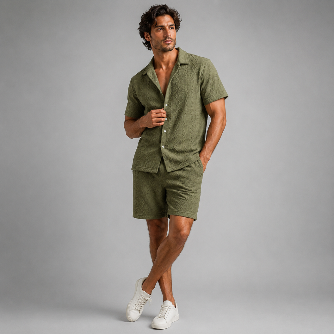 The Meadowridge Men’s Textured Summer Co Ord Set Shirt & Shorts