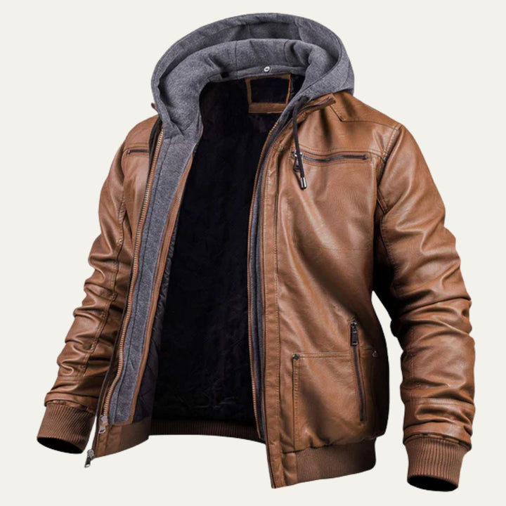 Men's Leather Jacket Black Hooded Bomber