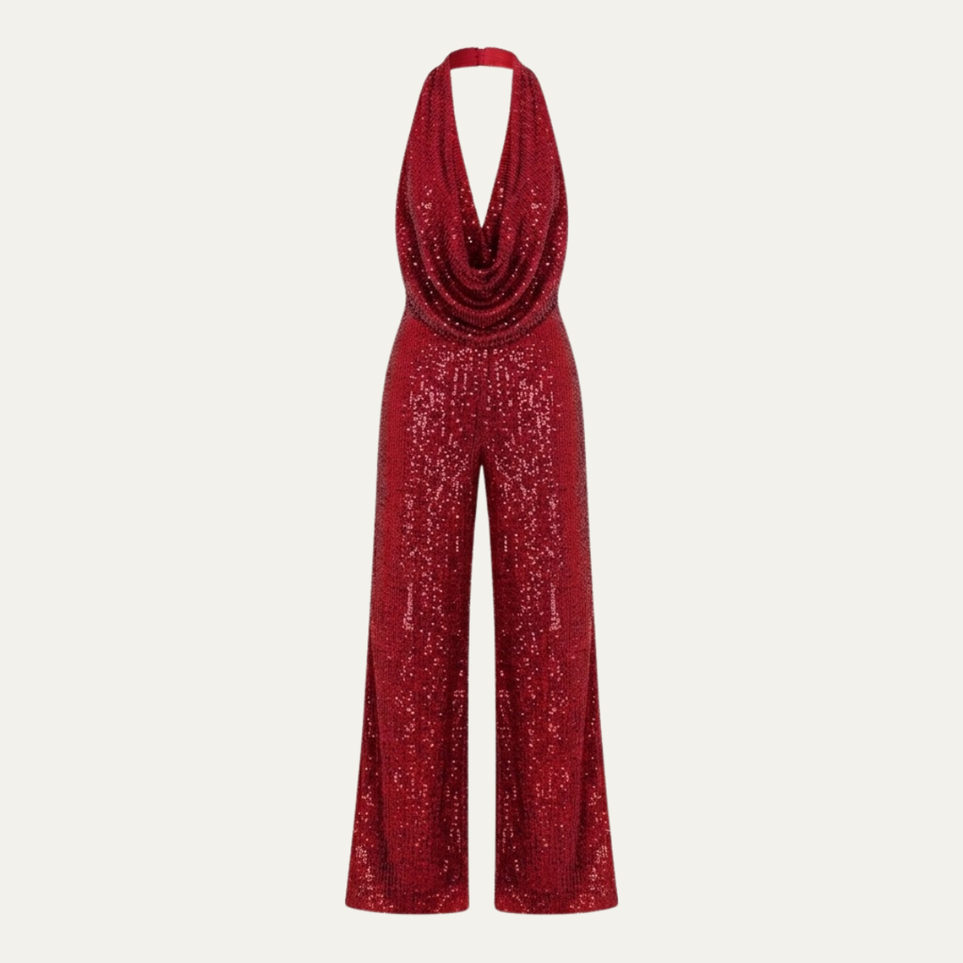 Women's Elegant Sequin Cowl Neck Wide Leg Jumpsuit