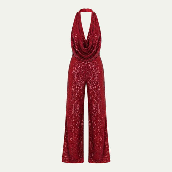 Women's Elegant Sequin Cowl Neck Wide Leg Jumpsuit