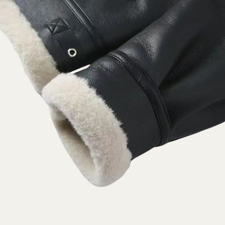Men's Sherpa Lined Leather Jacket Black Cream Collar