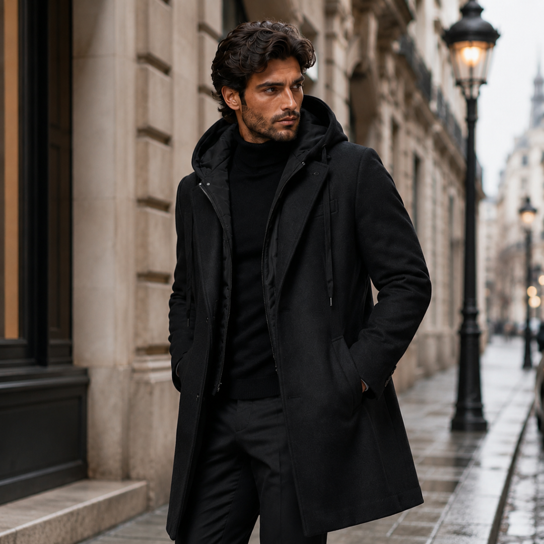 The Arundel Men's Hooded Wool Overcoat with Quilted Lining