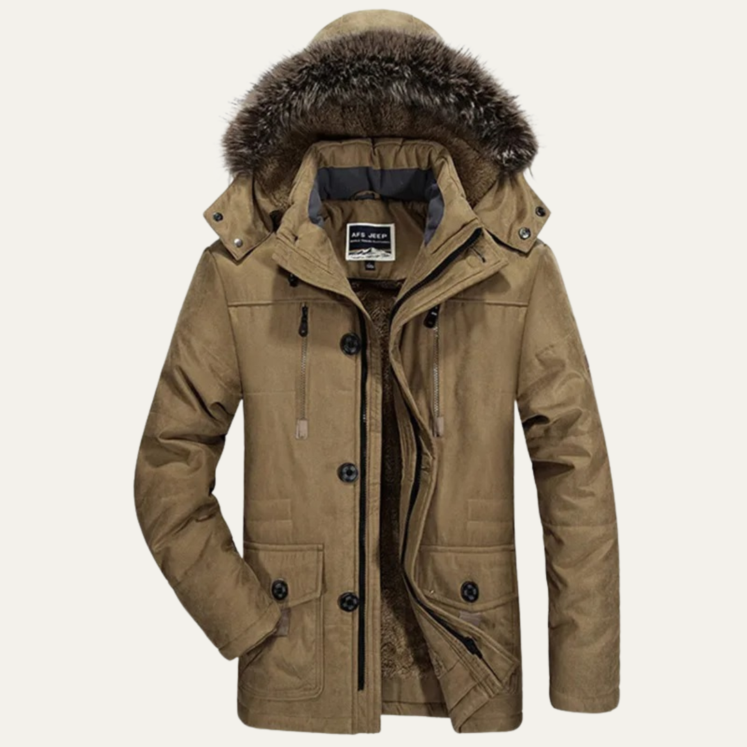 Men's Puffer Jacket Charcoal Fur Hooded Winter Coat