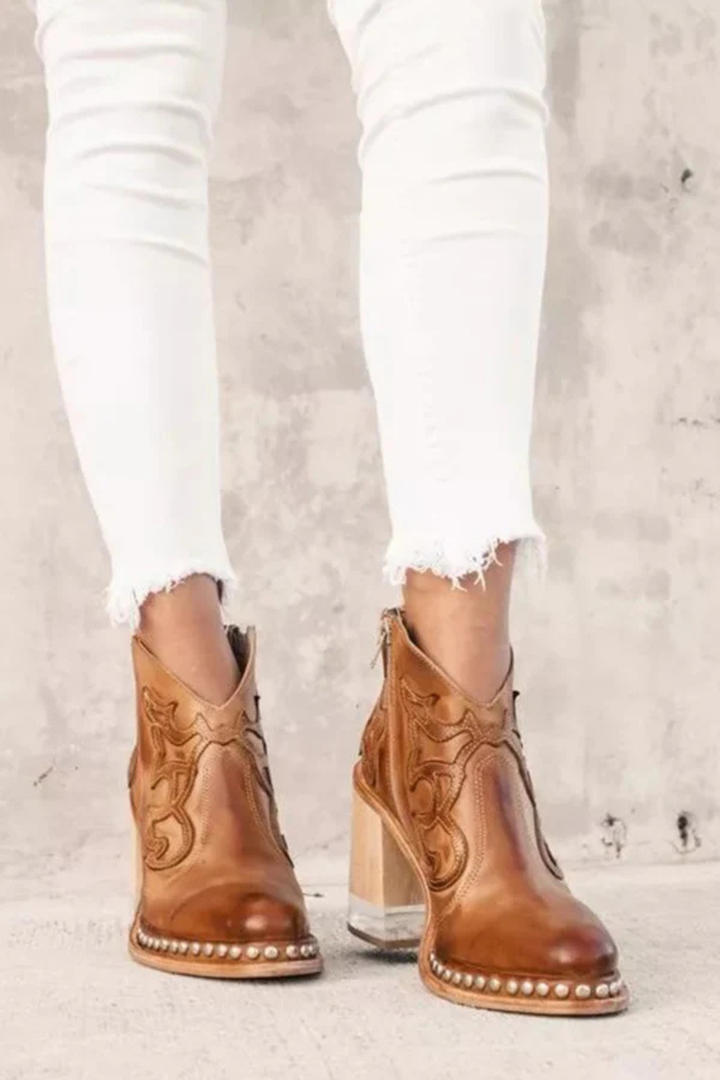 Women’s Western Cowboy Ankle Boots – Embroidered Block Heel Booties