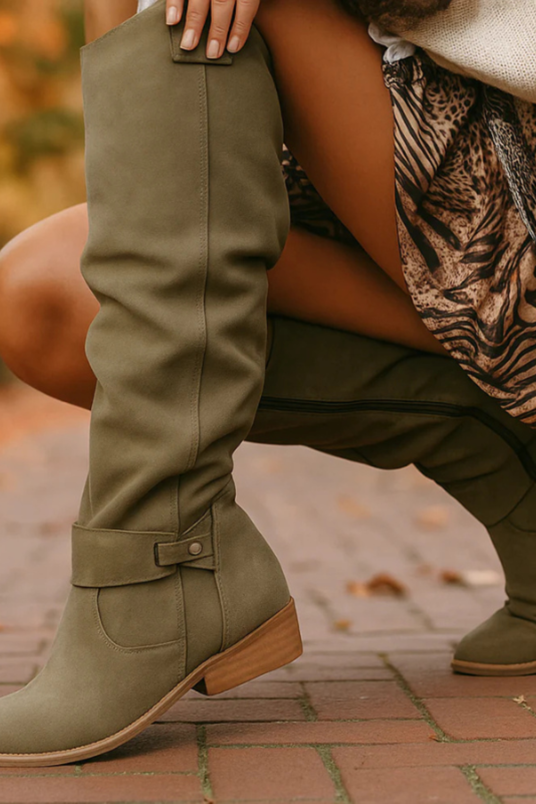Women’s Slouchy Knee High Boots – Buckle Low Heel Riding Boots