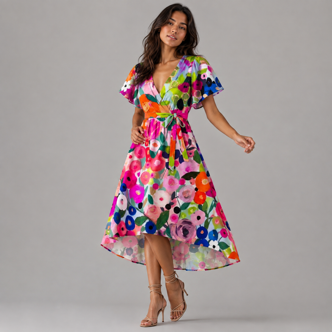 Floral V Neck Midi Dress