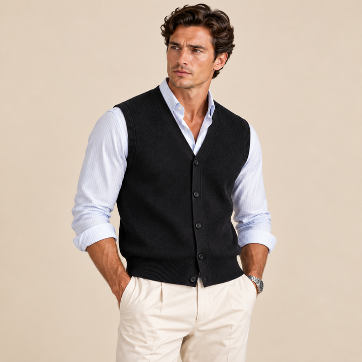 Men's Sweater Vest Blue Button Up V Neck