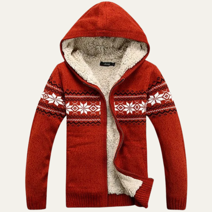 Men's Sherpa Lined Cardigan Cream Nordic Pattern Zip Up
