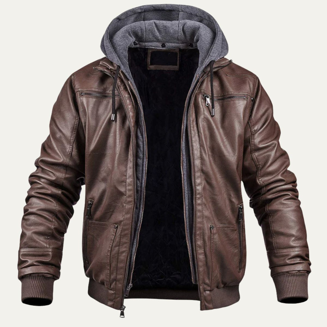 Men's Leather Jacket Black Hooded Bomber