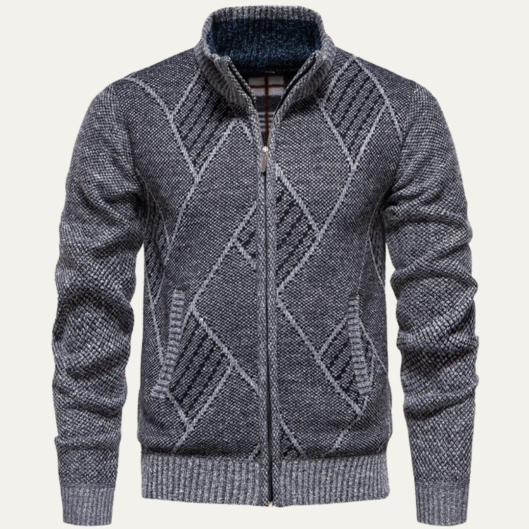 Men's Cable Knit Cardigan Charcoal Gray Diamond Pattern