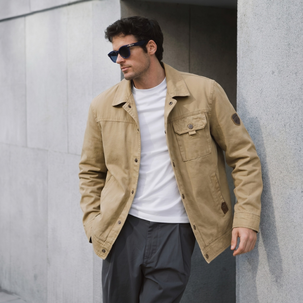 Men's Utility Jacket Beige Multi Pocket Casual