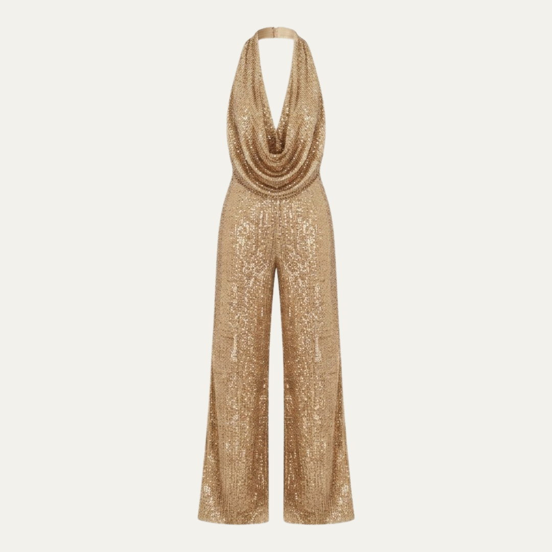 Women's Elegant Sequin Cowl Neck Wide Leg Jumpsuit