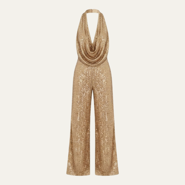 Women's Elegant Sequin Cowl Neck Wide Leg Jumpsuit