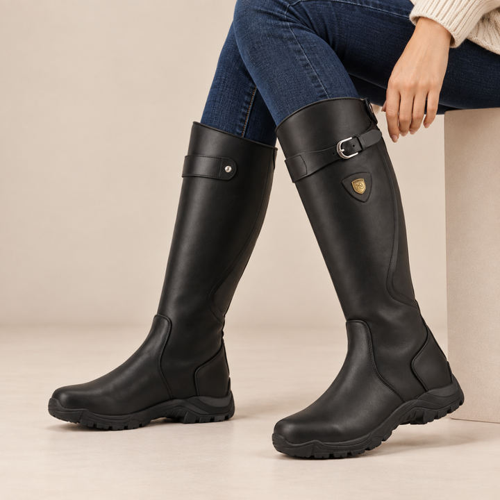 Women’s Knee High Riding Boots – Buckle Low Heel Boots