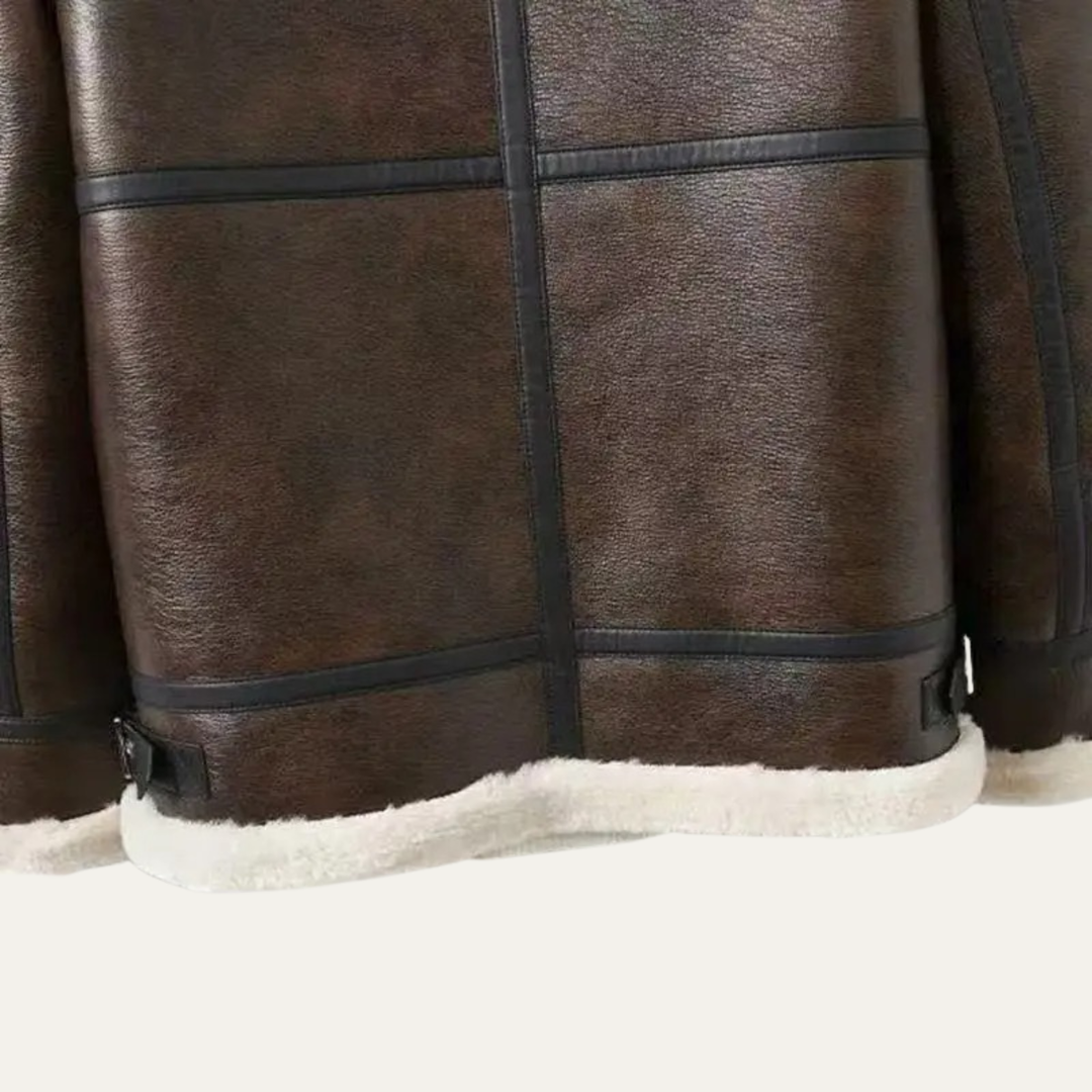 Men's Sherpa Lined Leather Jacket Black Cream Collar
