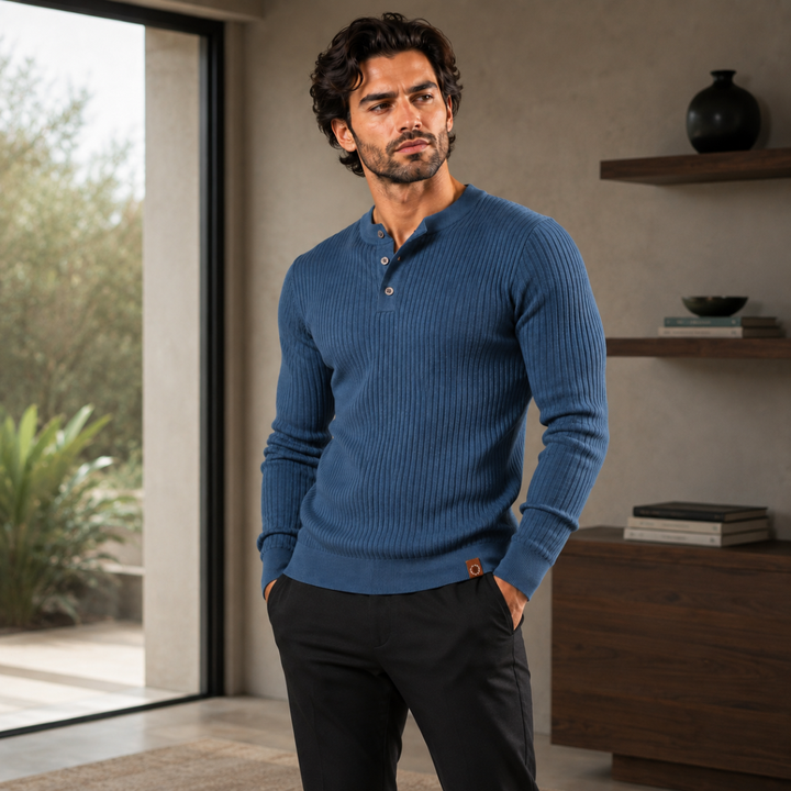The Taormina Men's Ribbed Henley Knit Sweater