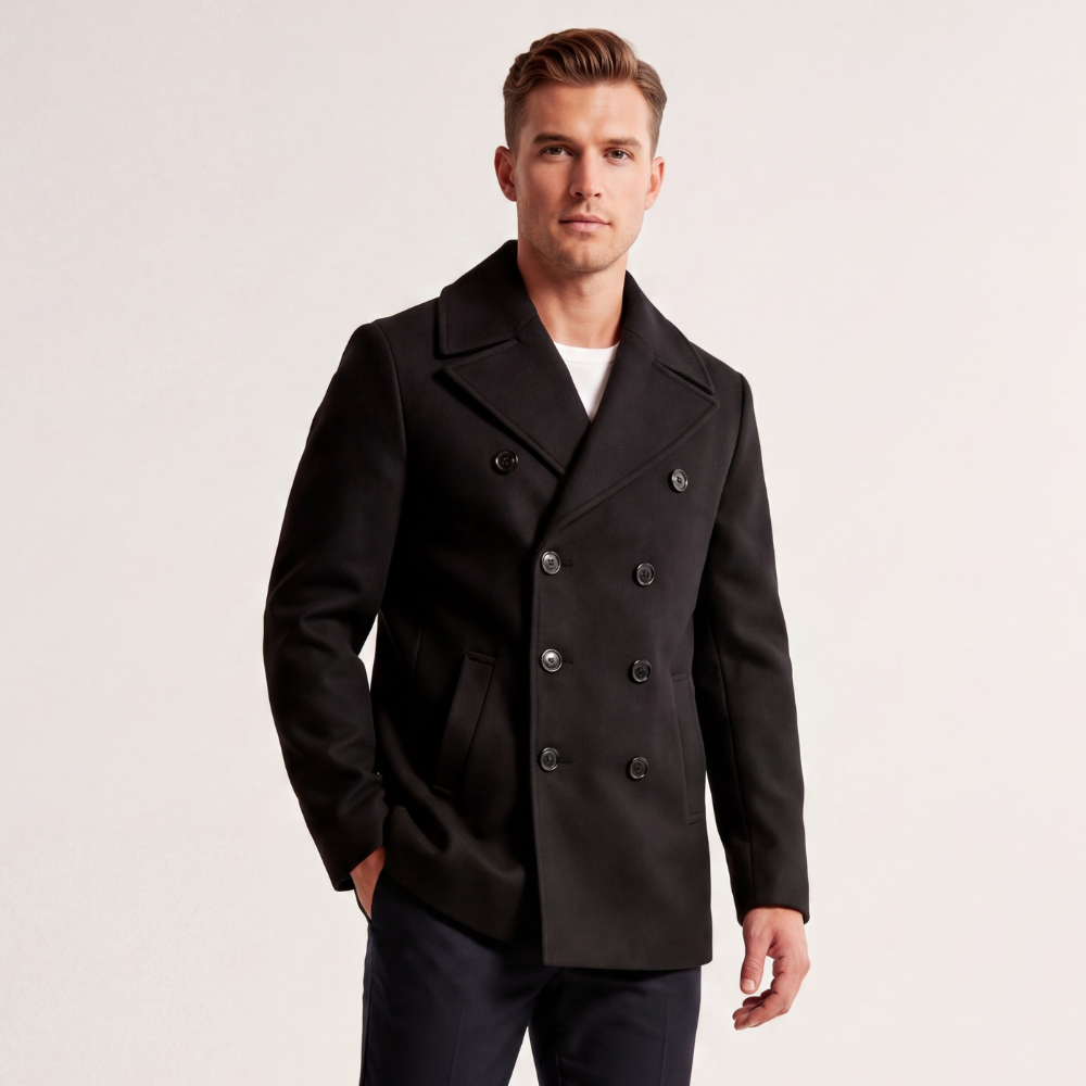 Men's Double Breasted Wool Peak Coat Navy