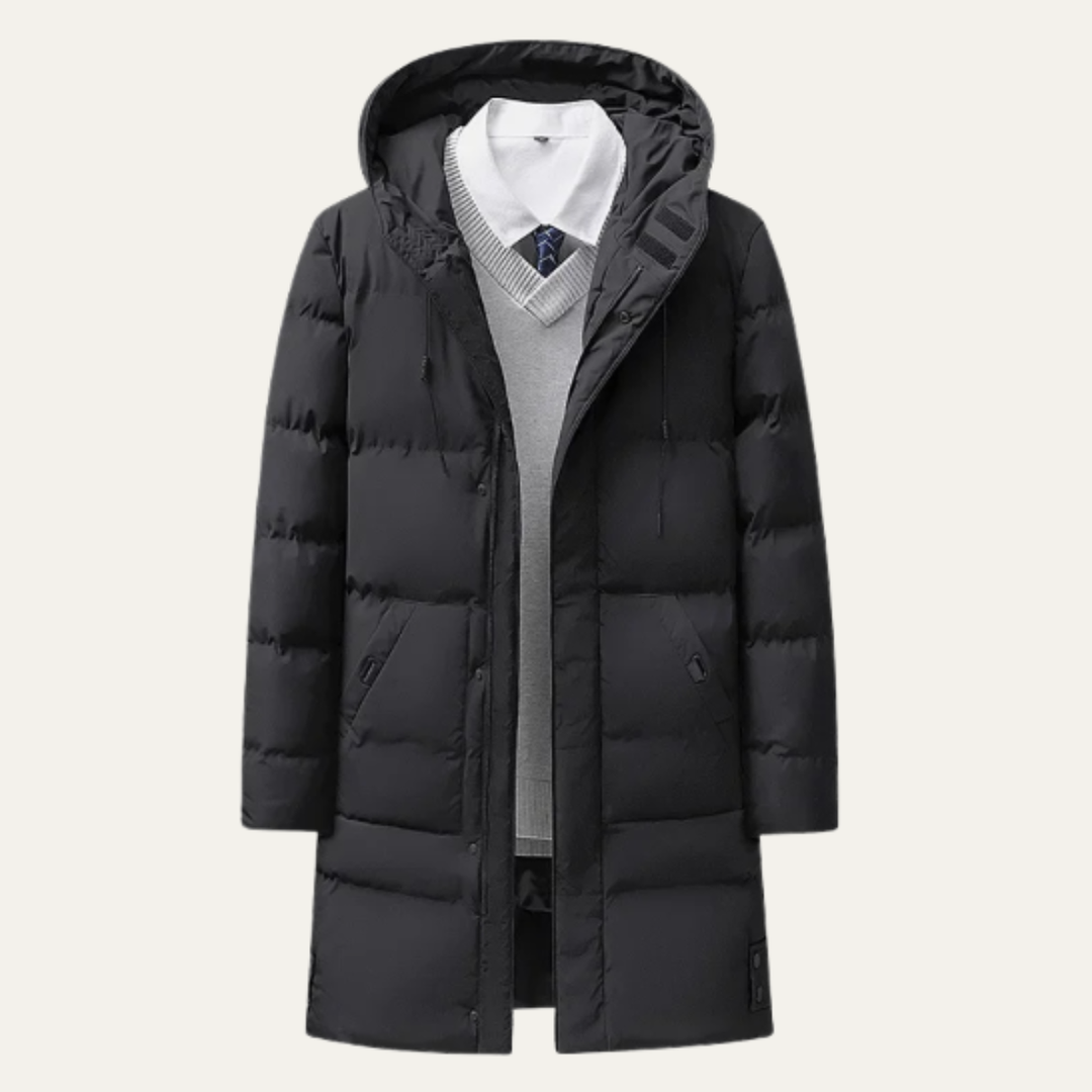 Men's Puffer Jacket Black Long Hooded Quilted