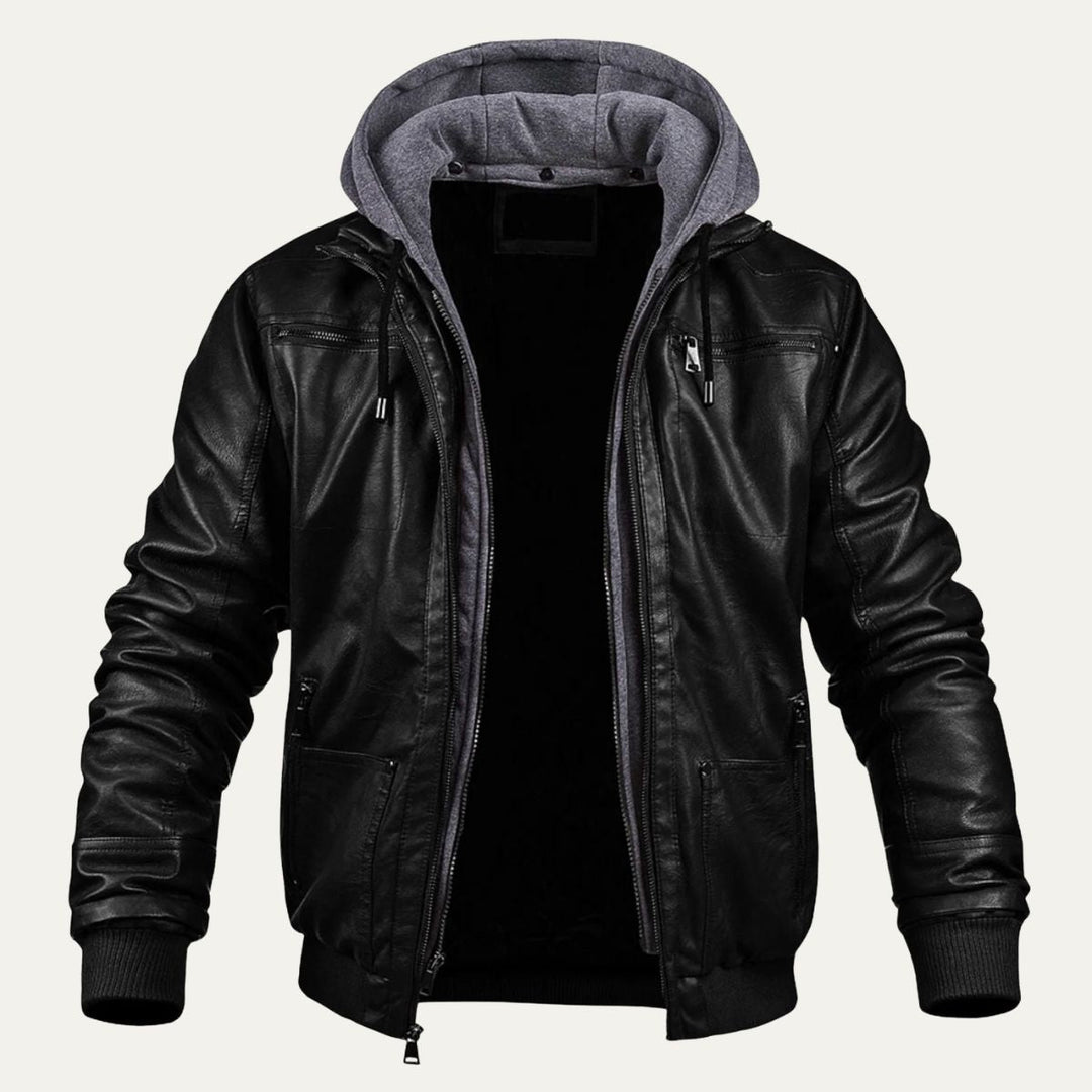 Men's Leather Jacket Black Hooded Bomber