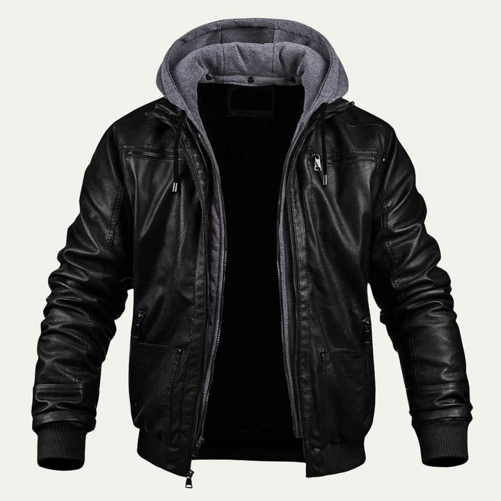 Men's Leather Jacket Black Hooded Bomber
