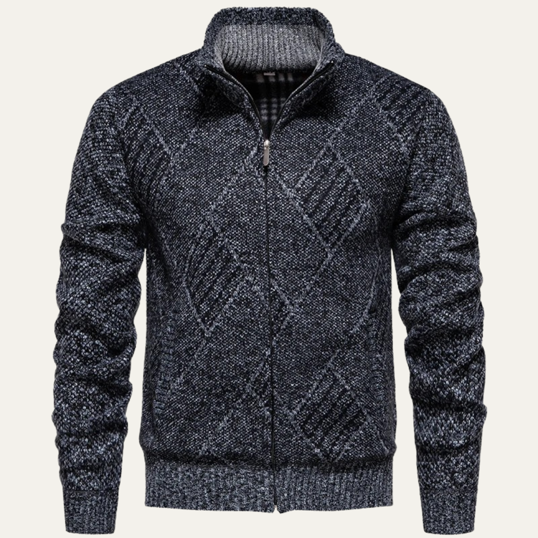 Men's Cable Knit Cardigan Charcoal Gray Diamond Pattern