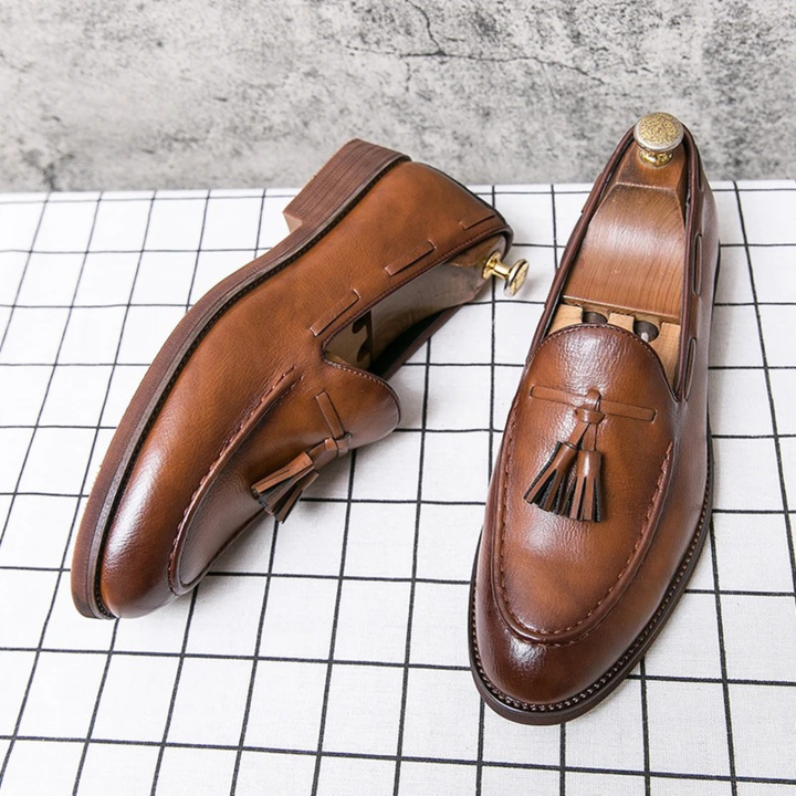 The Hawthorne Park Men’s Pointed Toe Tassel Leather Slip On Loafers