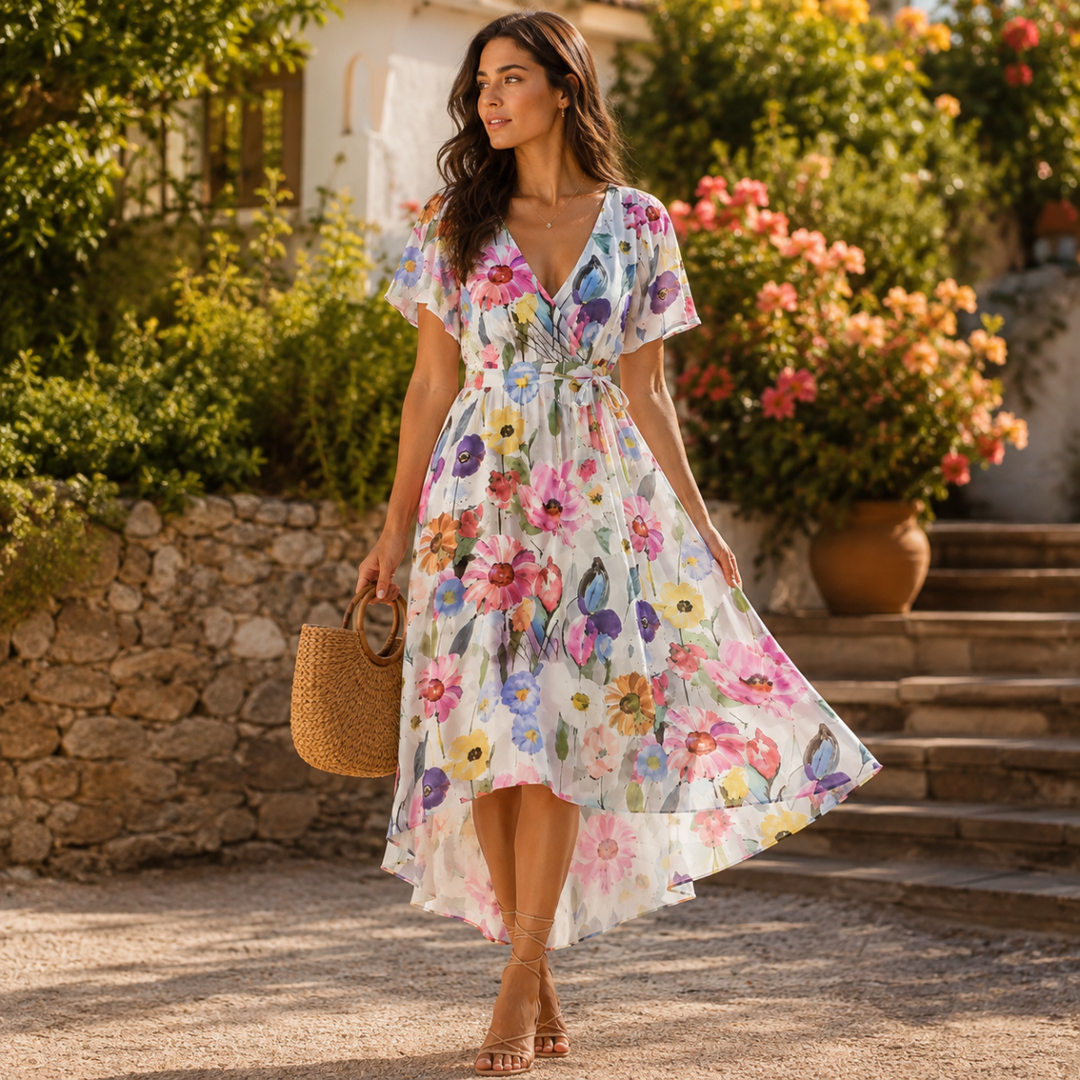 Floral V Neck Midi Dress
