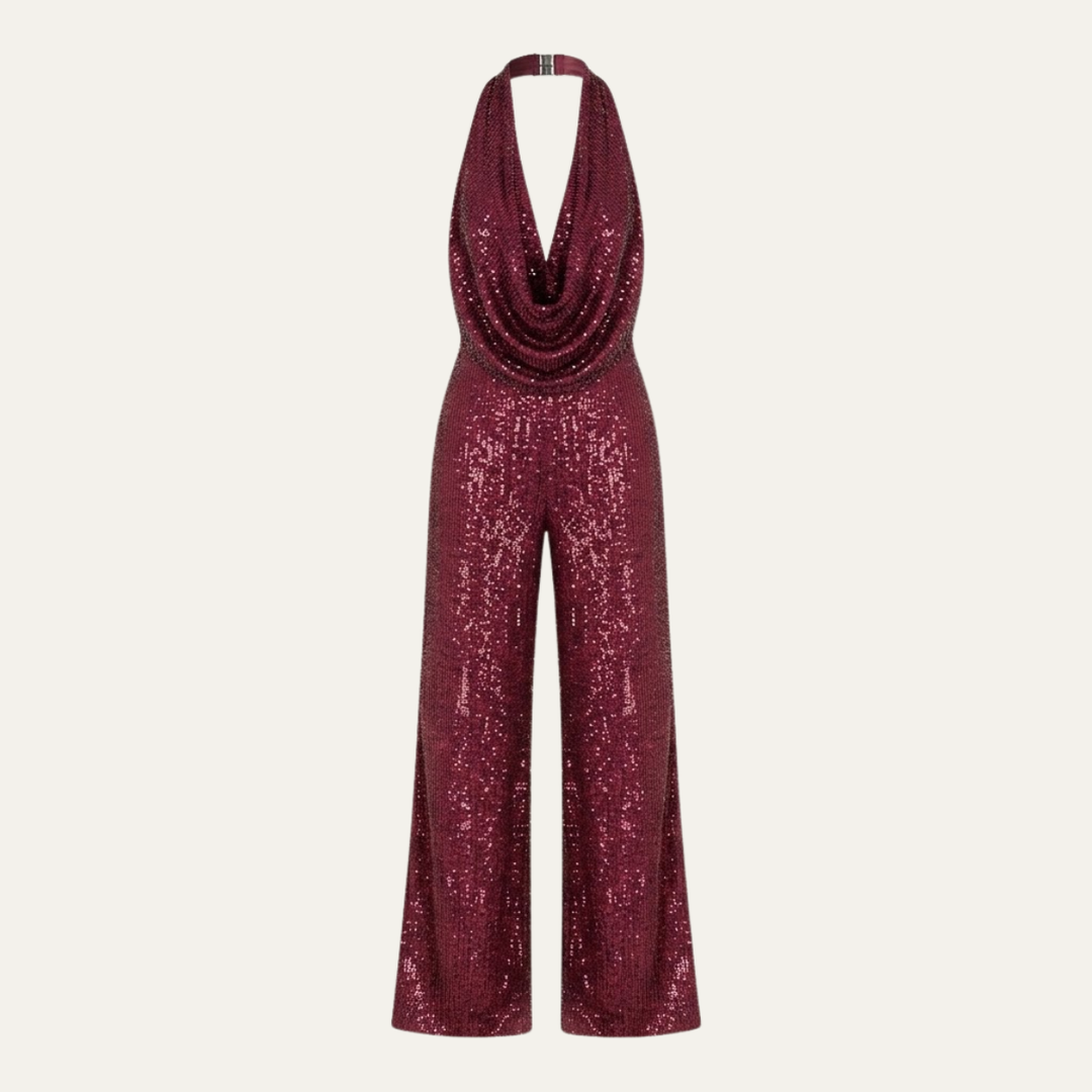 Women's Elegant Sequin Cowl Neck Wide Leg Jumpsuit