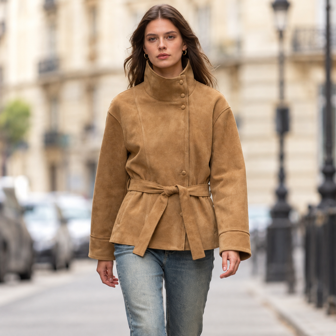 Women's Belted Faux Fur Jacket with High Neck