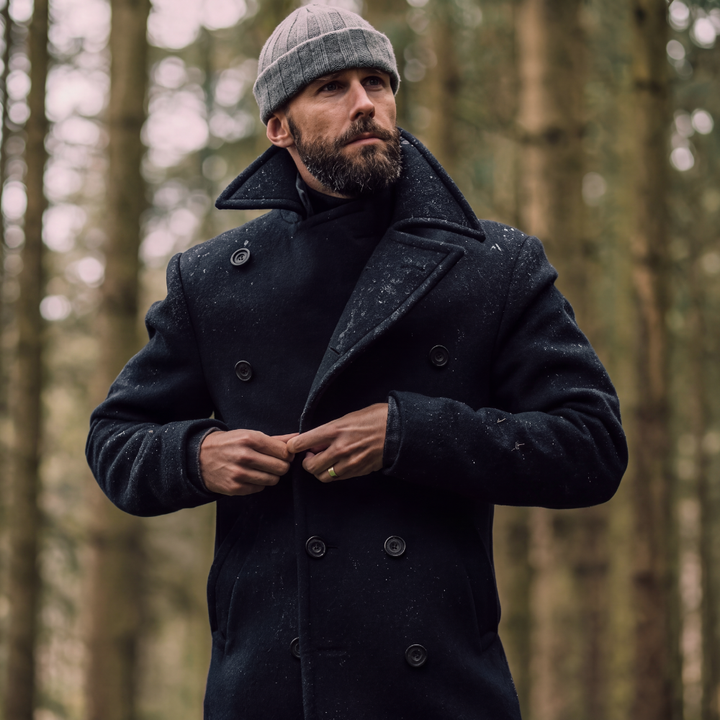 Men's Double Breasted Wool Peak Coat Navy